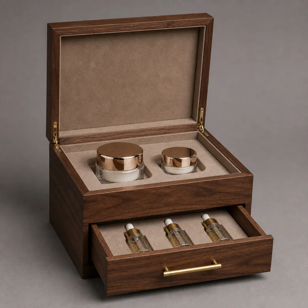 Walnut Wooden Box with Drawer for Cosmetic Sets