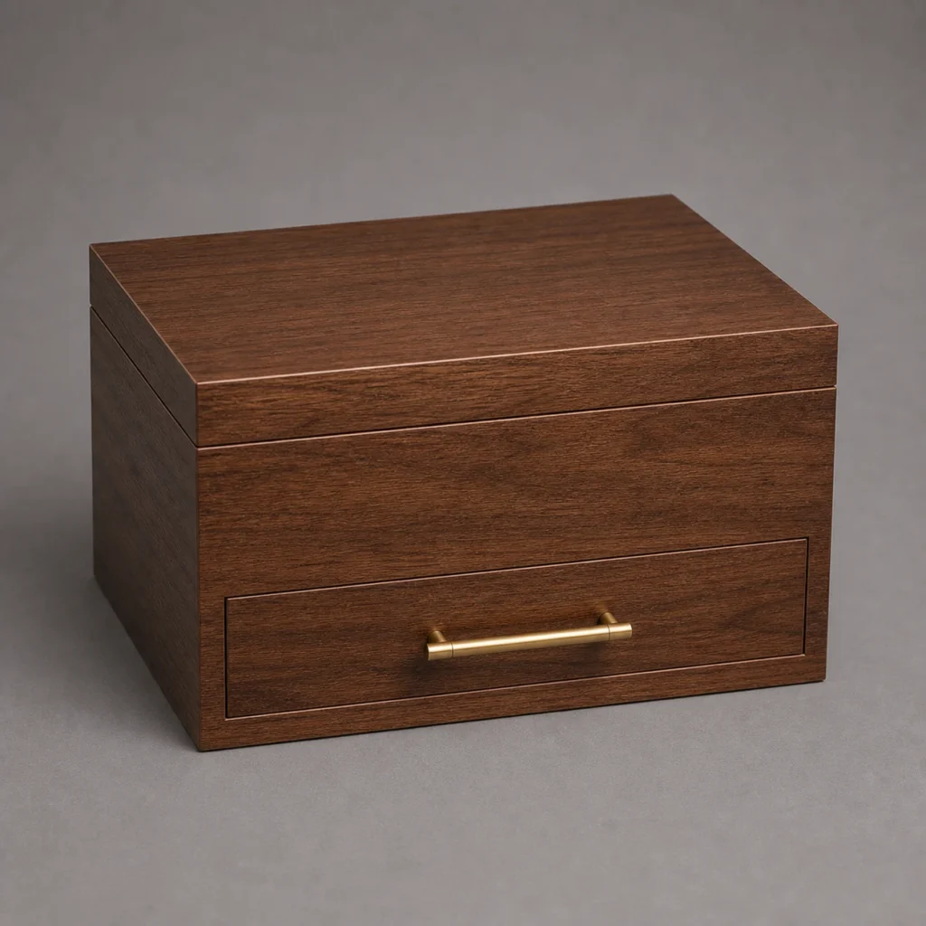 walnut wooden box with drawer for cosmetic sets closed front view
