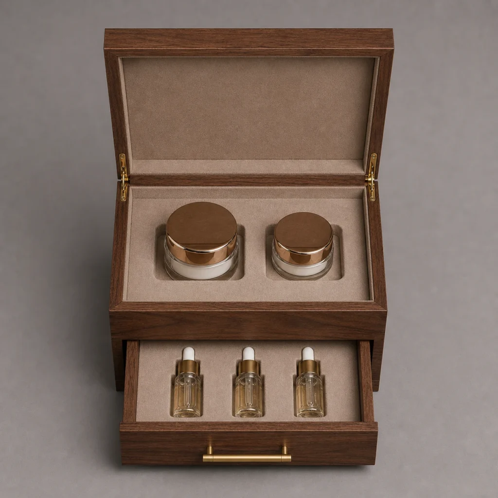 walnut wooden box with drawer for cosmetic sets top down interior view