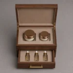 walnut wooden box with drawer for cosmetic sets top down interior view