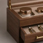 walnut wooden box with drawer for cosmetic sets craft and finish detail