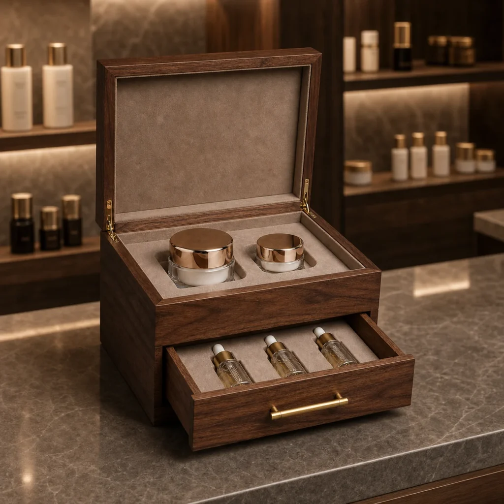 walnut wooden box with drawer for cosmetic sets showroom application scene