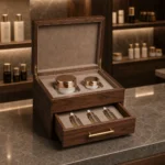 walnut wooden box with drawer for cosmetic sets showroom application scene