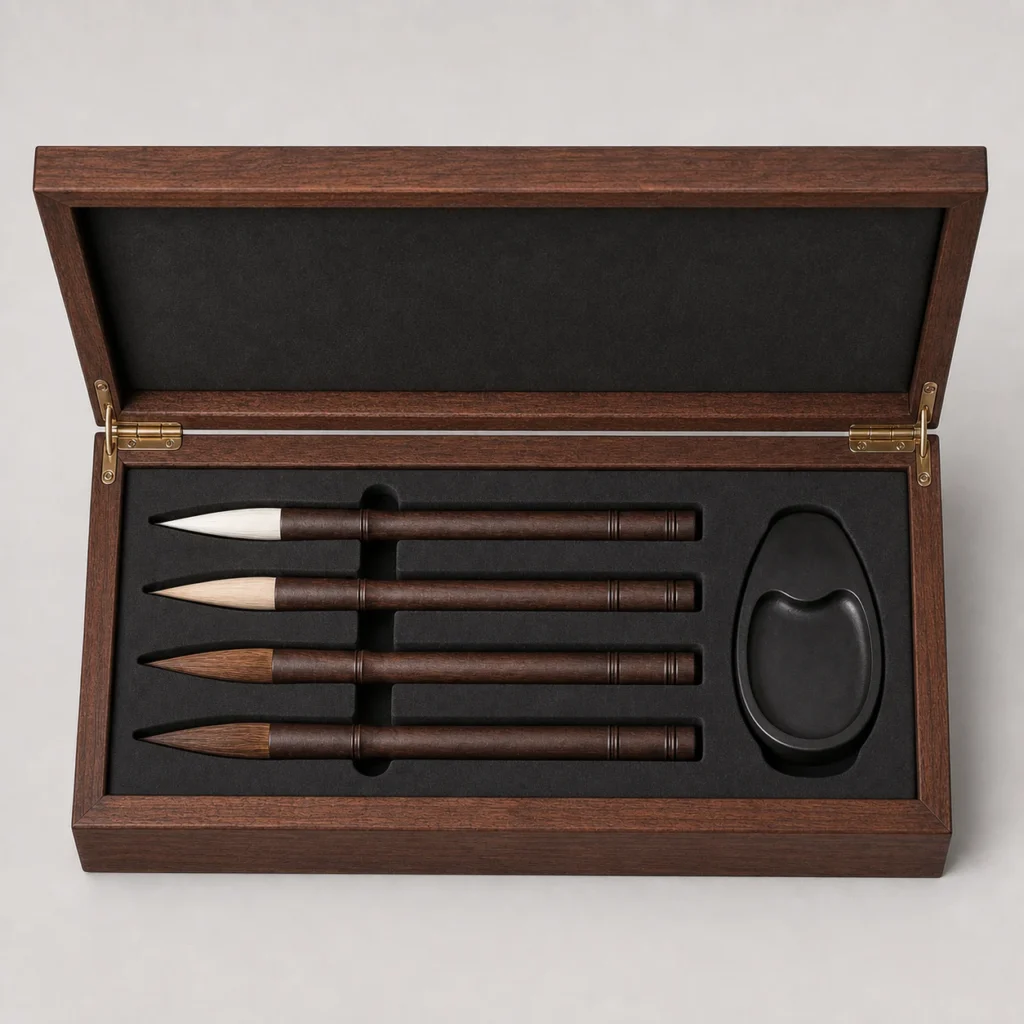 walnut wooden box for calligraphy brush gift sets top down interior view