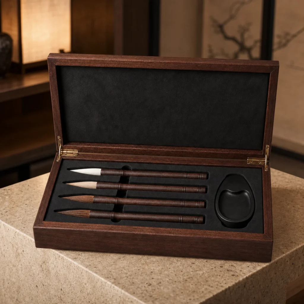 walnut wooden box for calligraphy brush gift sets showroom application scene