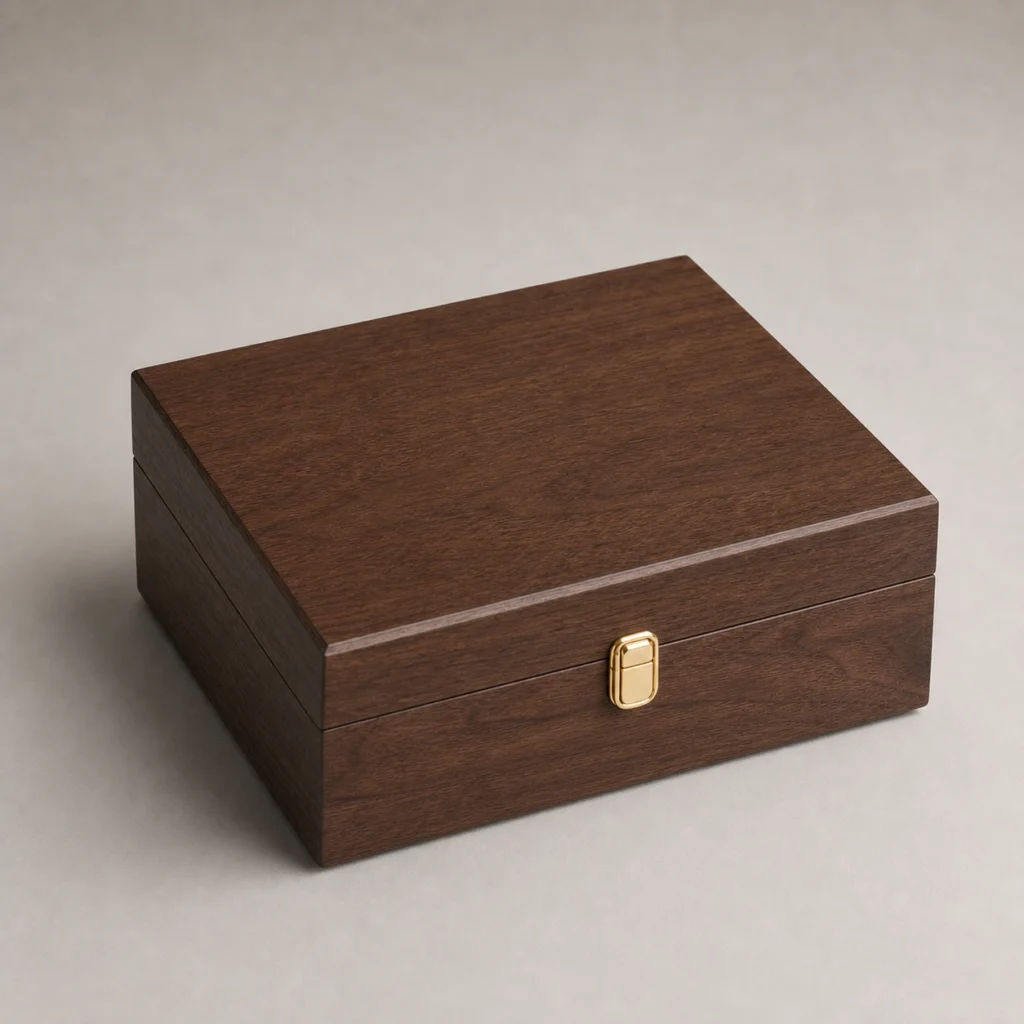 walnut wooden box for porcelain cup presentation closed front view