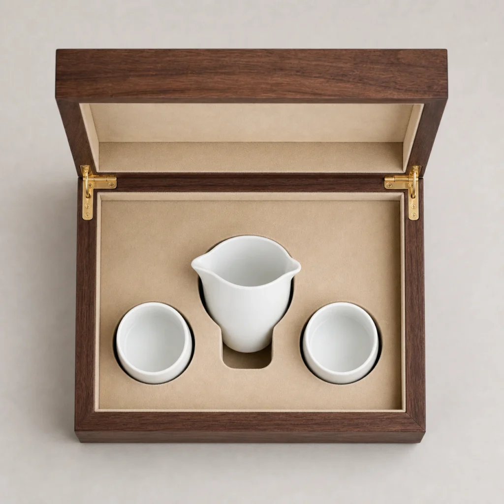 walnut wooden box for porcelain cup presentation top down interior view