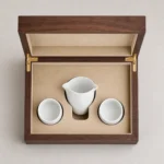 walnut wooden box for porcelain cup presentation top down interior view