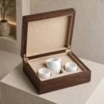 walnut wooden box for porcelain cup presentation showroom application scene