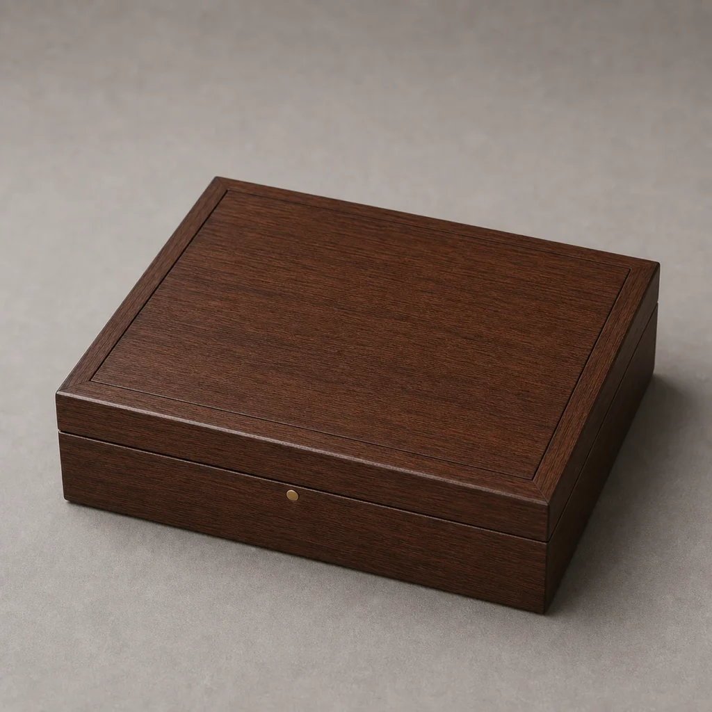 walnut wooden box for power bank presentation closed front view