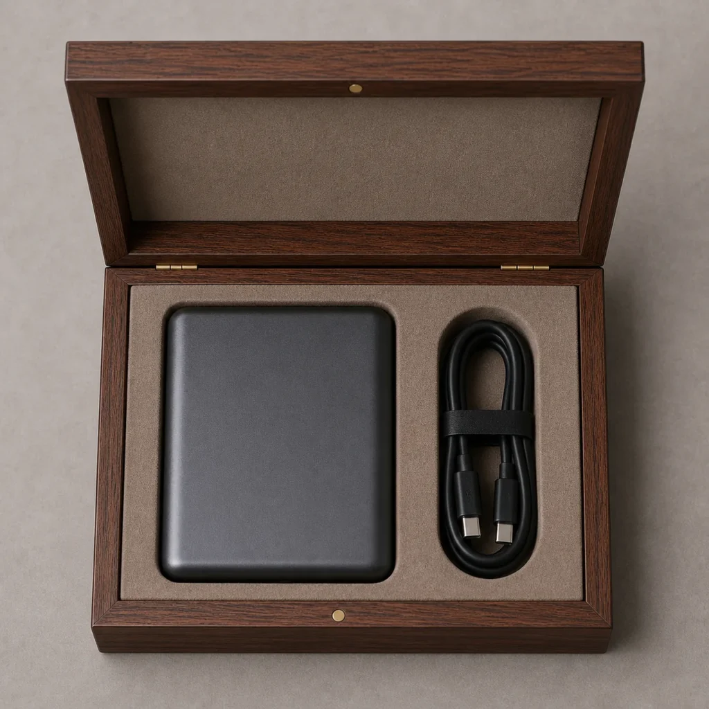 walnut wooden box for power bank presentation top down interior view
