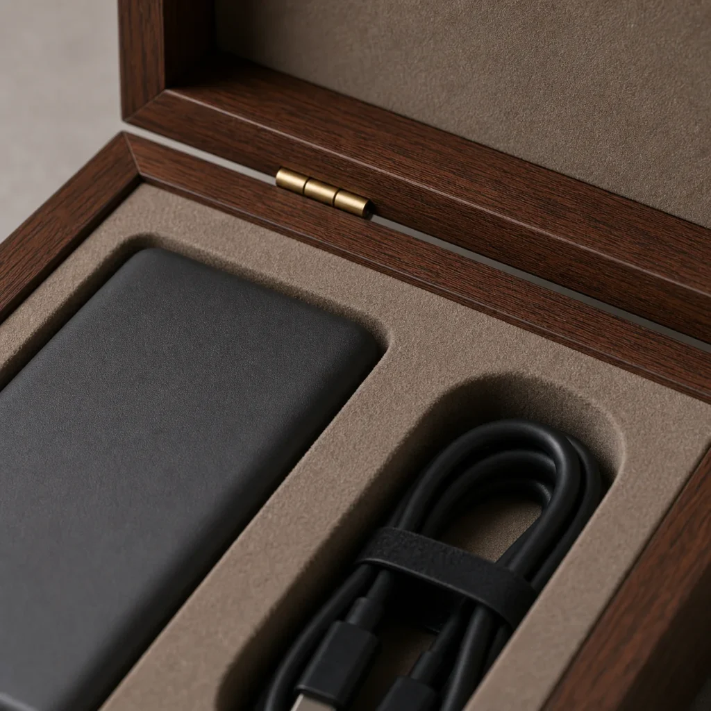 walnut wooden box for power bank presentation craft and finish detail