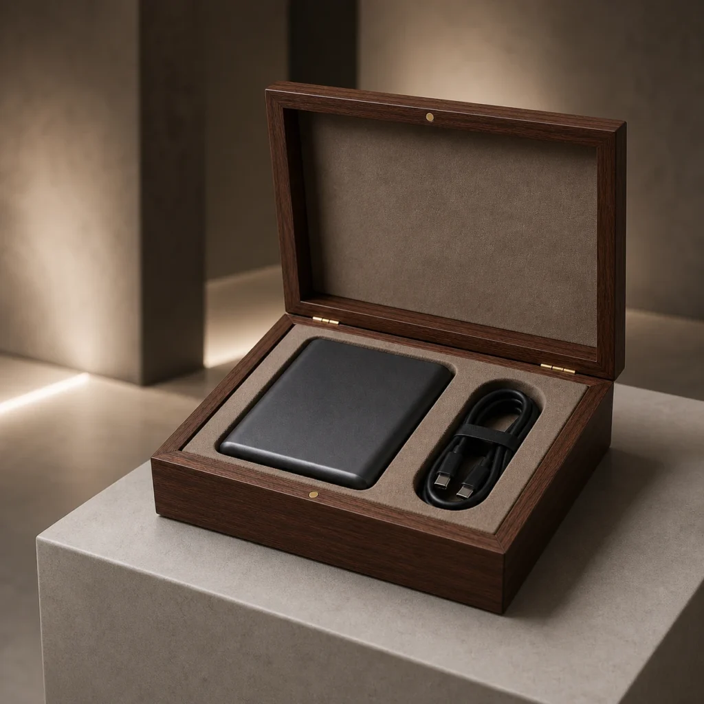 walnut wooden box for power bank presentation showroom application scene
