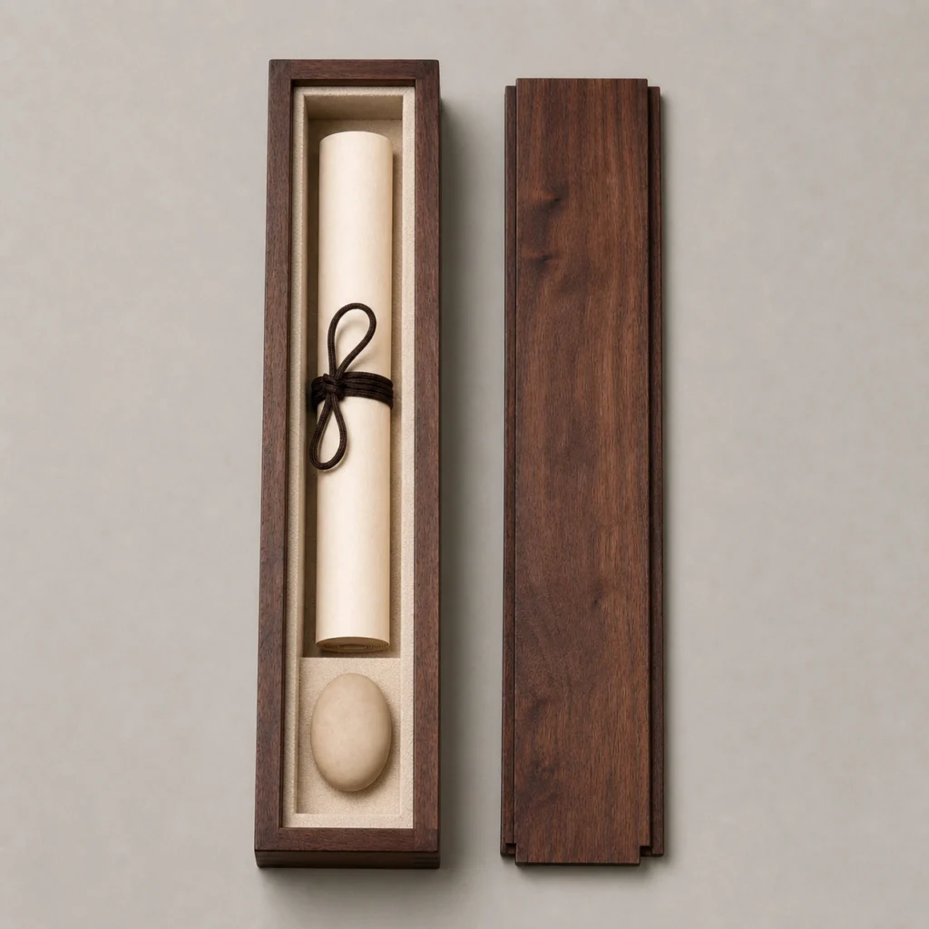 walnut wooden box for scroll storage and presentation top down interior view
