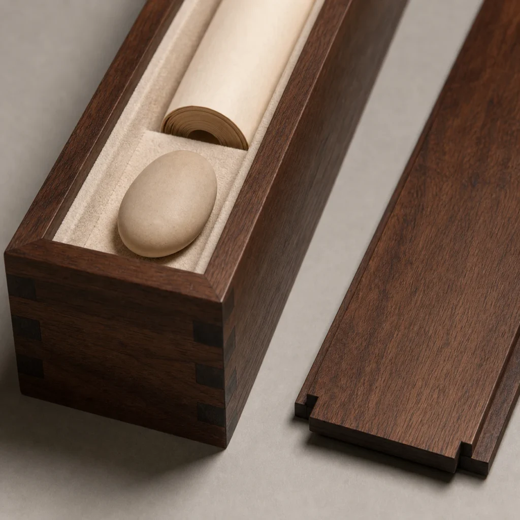walnut wooden box for scroll storage and presentation craft and finish detail