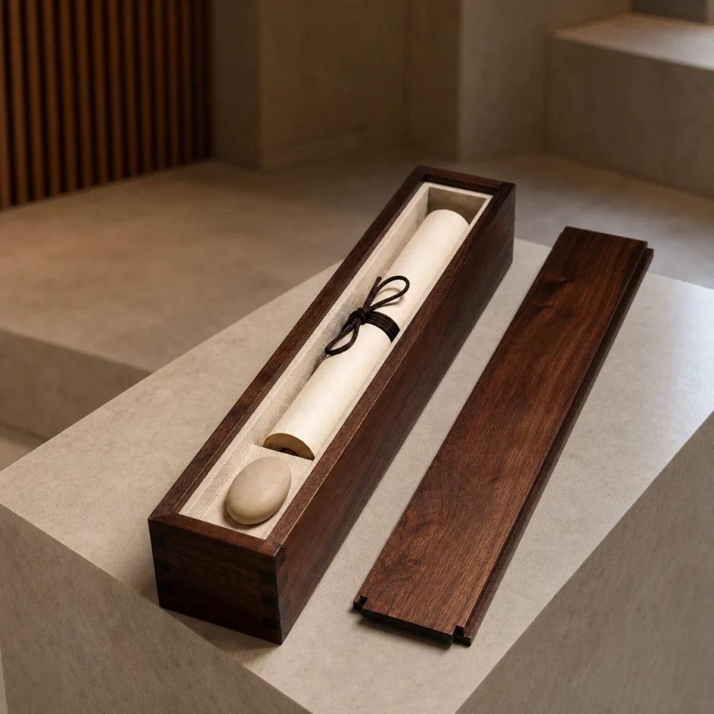 walnut wooden box for scroll storage and presentation showroom application scene
