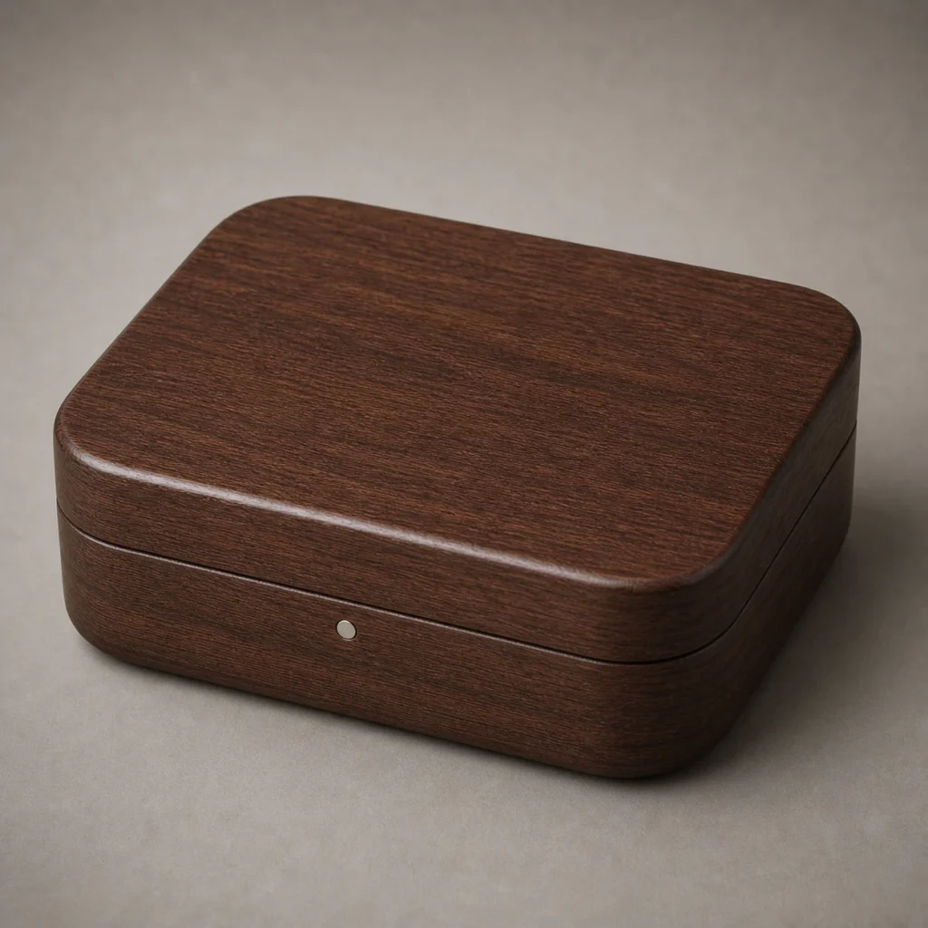 walnut wooden box for wireless earbuds gift sets closed front view