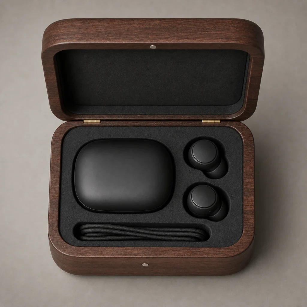 walnut wooden box for wireless earbuds gift sets top down interior view