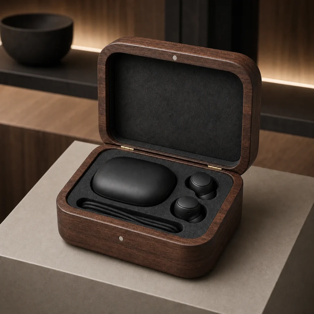 walnut wooden box for wireless earbuds gift sets showroom application scene