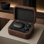 walnut wooden box for wireless earbuds gift sets showroom application scene