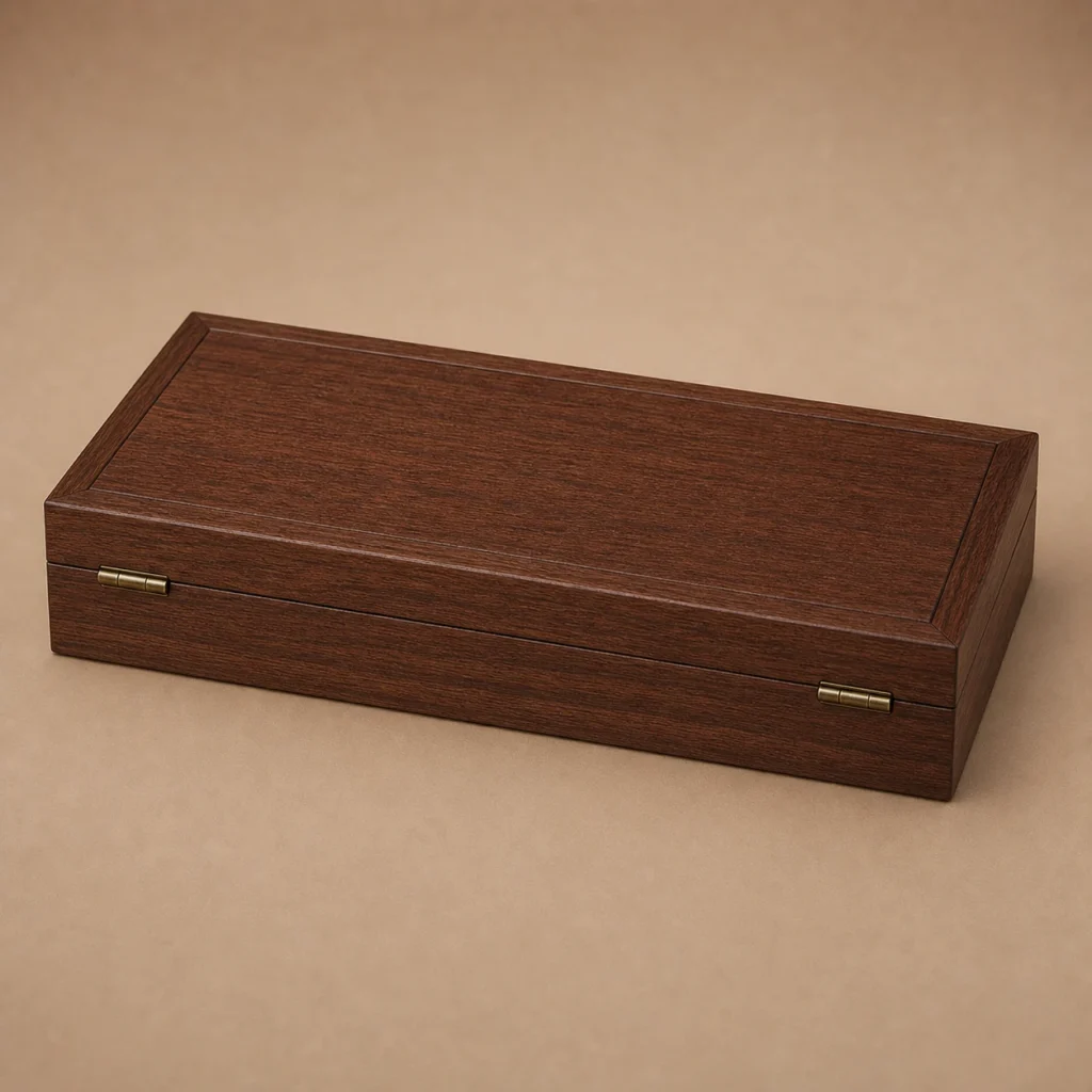 walnut wooden box for lipstick presentation sets closed front view
