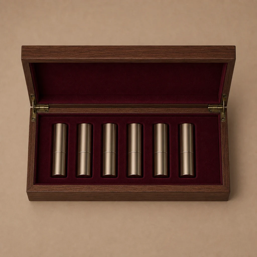 walnut wooden box for lipstick presentation sets top down interior view