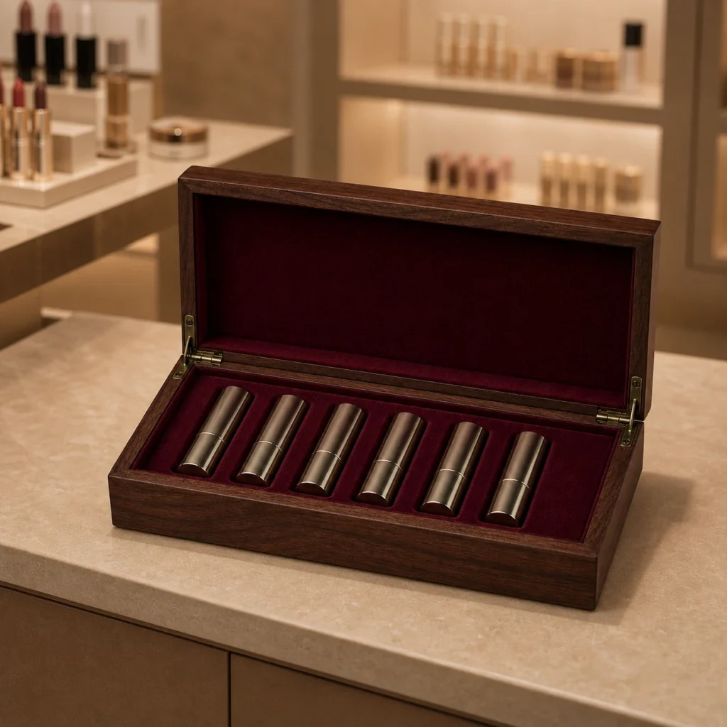 walnut wooden box for lipstick presentation sets showroom application scene