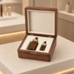 walnut wooden box for serum bottle gift sets showroom application scene