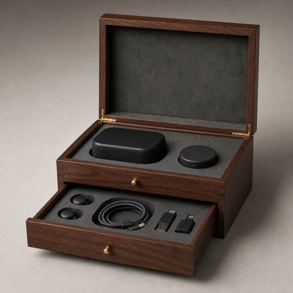 Walnut Wooden Box with Drawer for Electronics Gift Sets