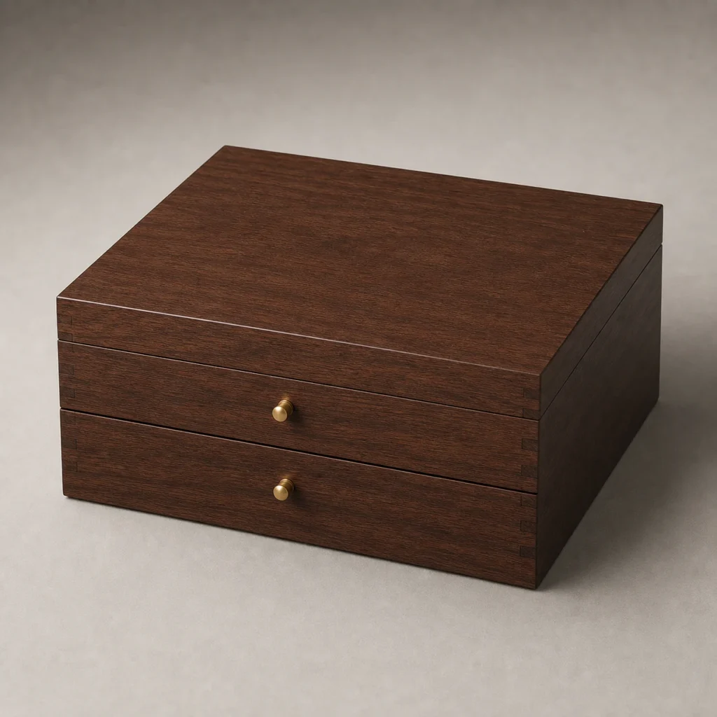 walnut wooden box with drawer for electronics gift sets closed front view