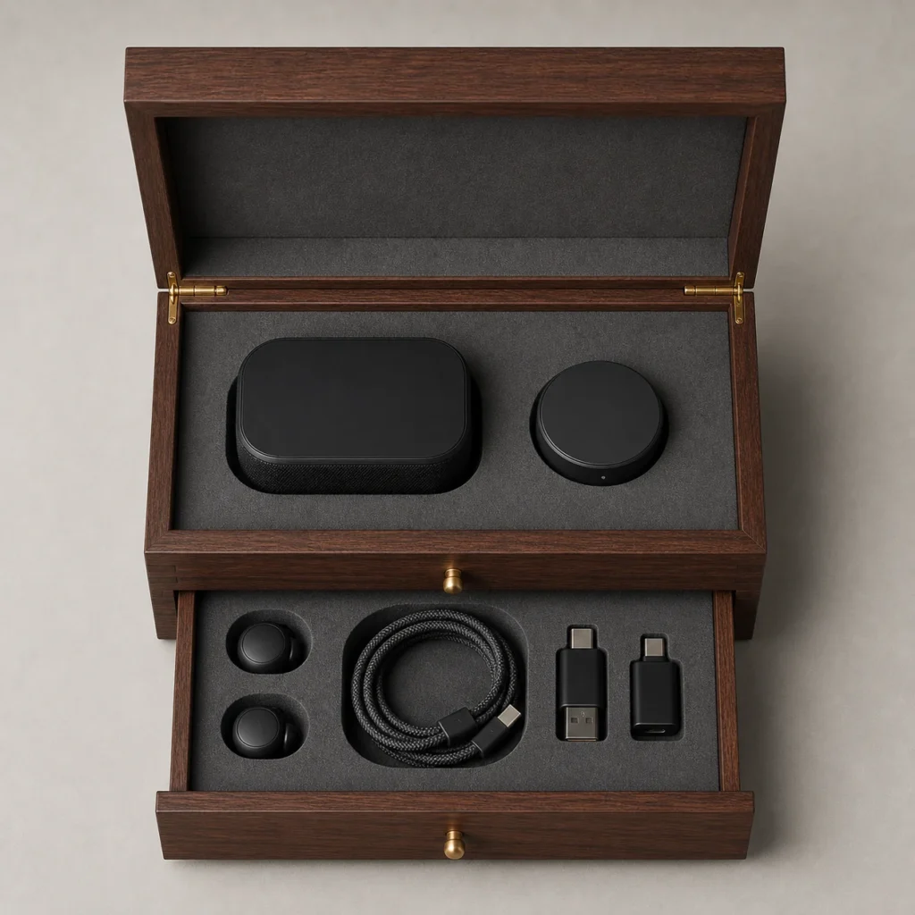 walnut wooden box with drawer for electronics gift sets top down interior view