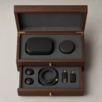 walnut wooden box with drawer for electronics gift sets top down interior view