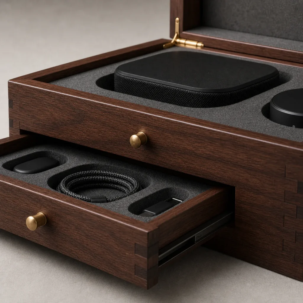 walnut wooden box with drawer for electronics gift sets craft and finish detail