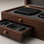 walnut wooden box with drawer for electronics gift sets craft and finish detail