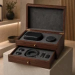 walnut wooden box with drawer for electronics gift sets showroom application scene