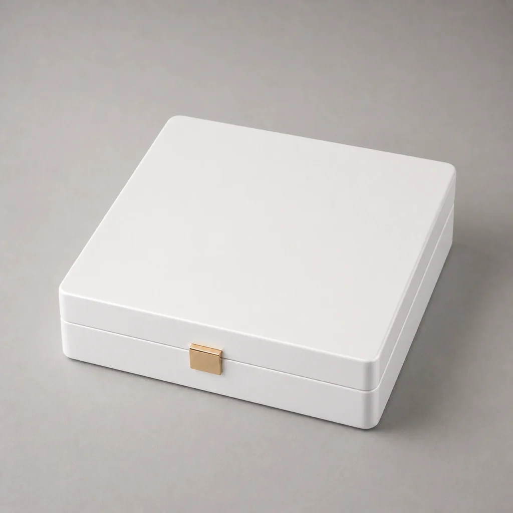 white lacquer wooden box for wedding invitations closed front view