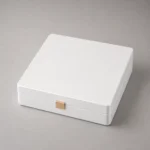 white lacquer wooden box for wedding invitations closed front view