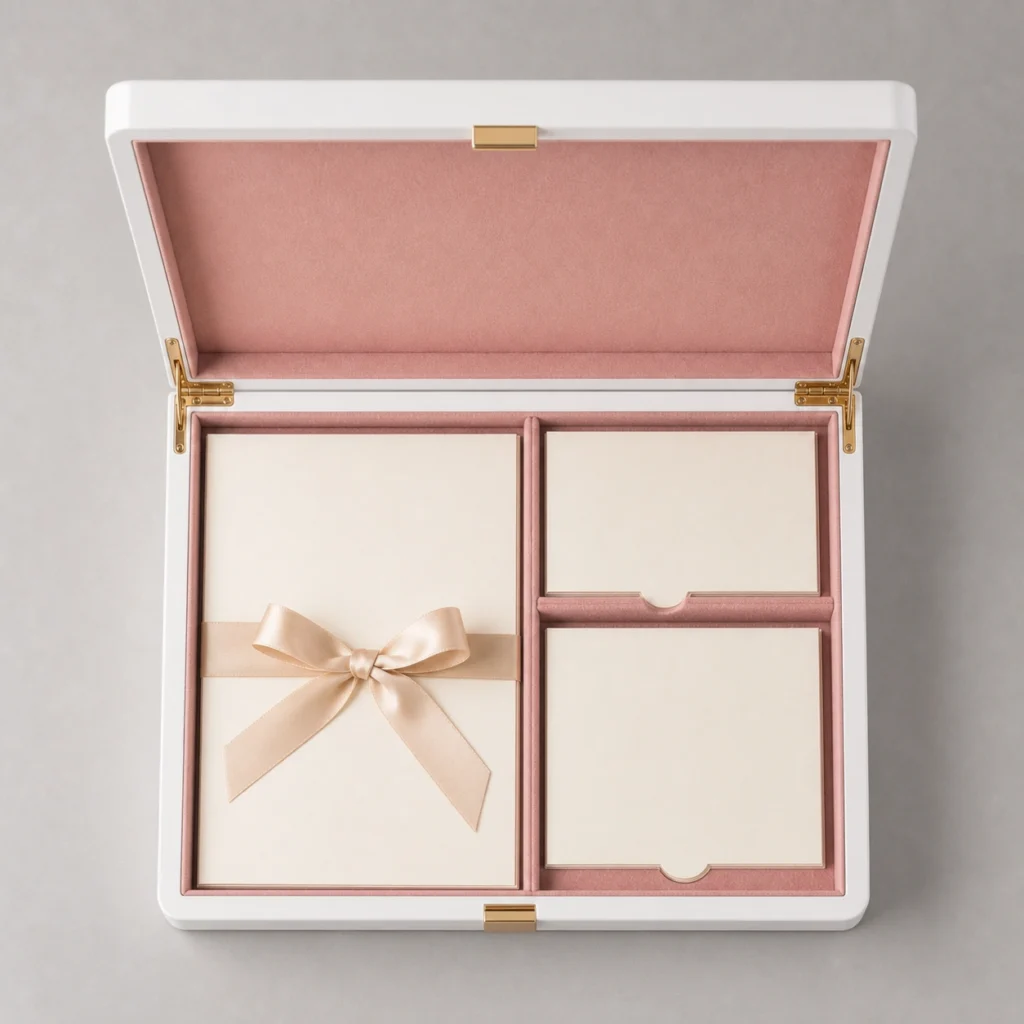 white lacquer wooden box for wedding invitations top down interior view