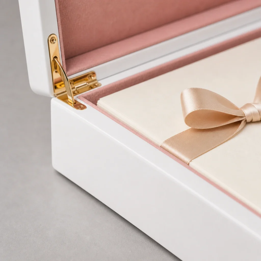 white lacquer wooden box for wedding invitations craft and finish detail