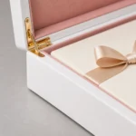 white lacquer wooden box for wedding invitations craft and finish detail