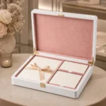 white lacquer wooden box for wedding invitations showroom application scene