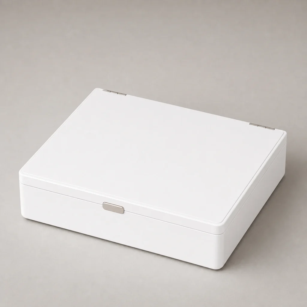 white piano lacquer wood box for smart device packaging closed front view
