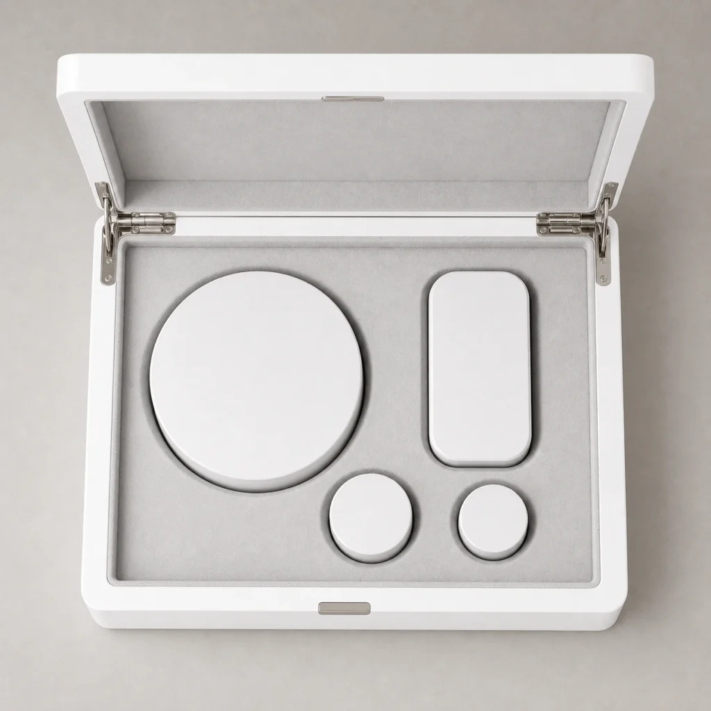 white piano lacquer wood box for smart device packaging top down interior view