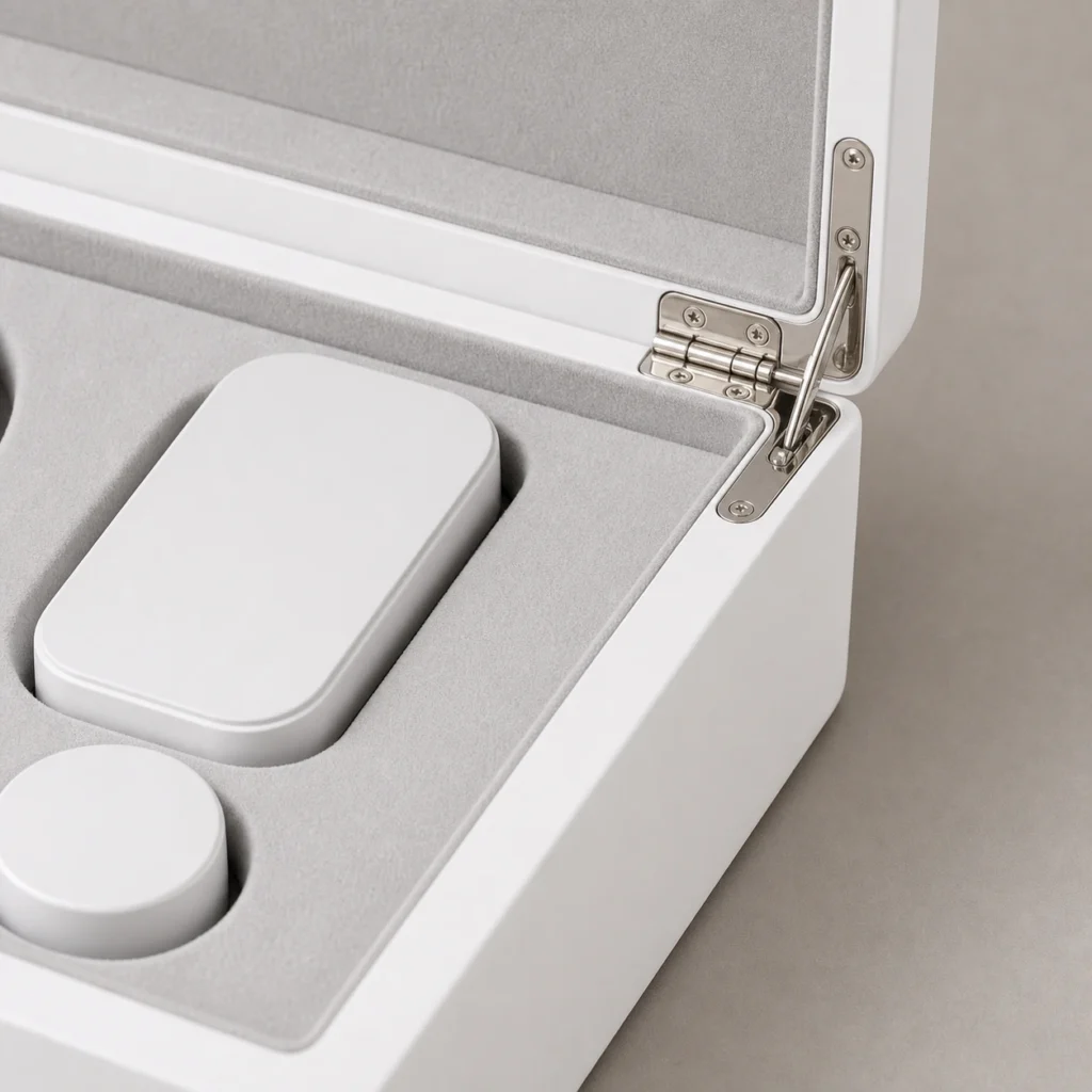 white piano lacquer wood box for smart device packaging craft and finish detail