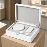 white piano lacquer wood box for smart device packaging showroom application scene
