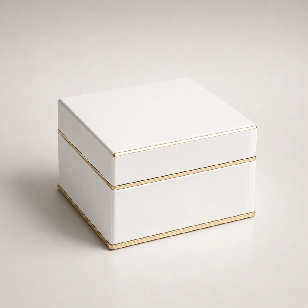 white piano lacquer wood box for perfume closed front view