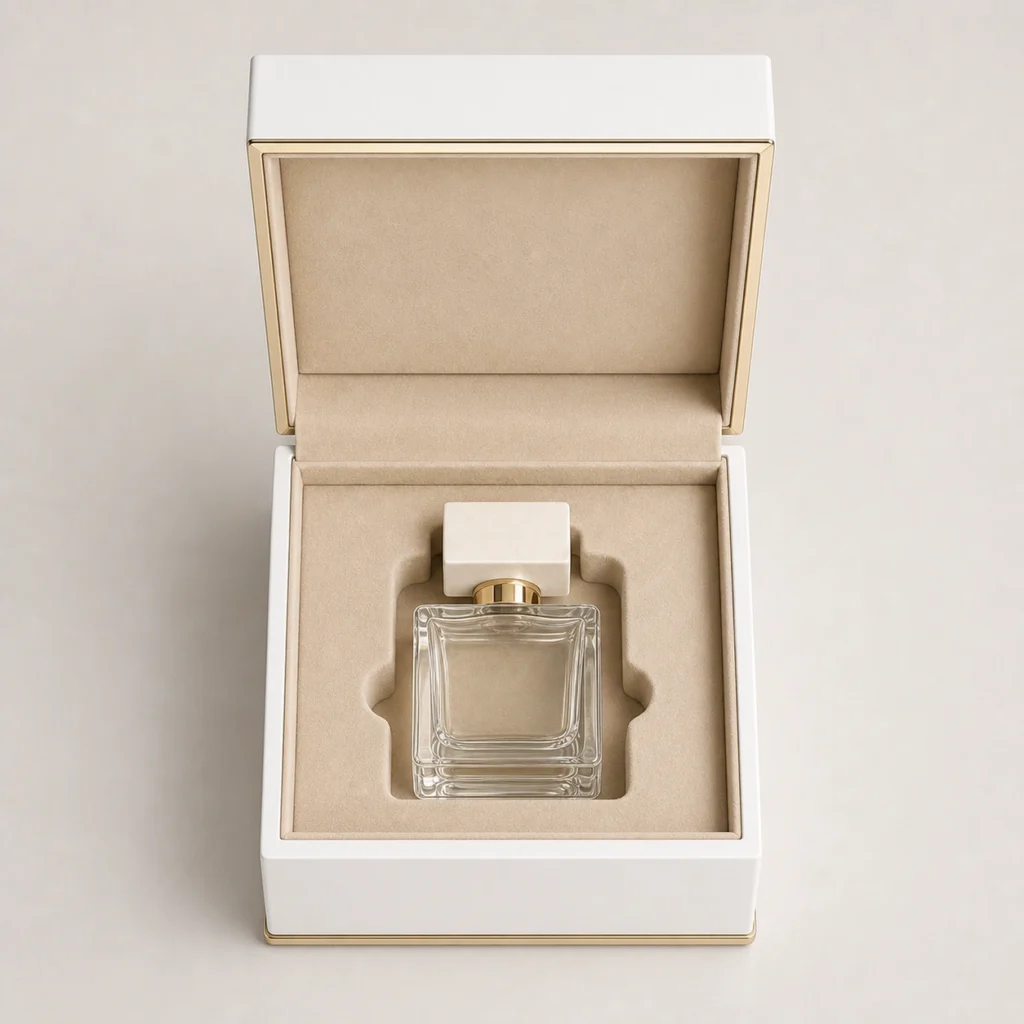 white piano lacquer wood box for perfume top down interior view