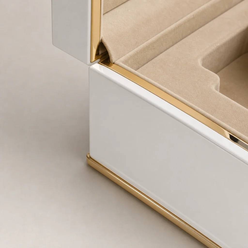 white piano lacquer wood box for perfume craft and finish detail