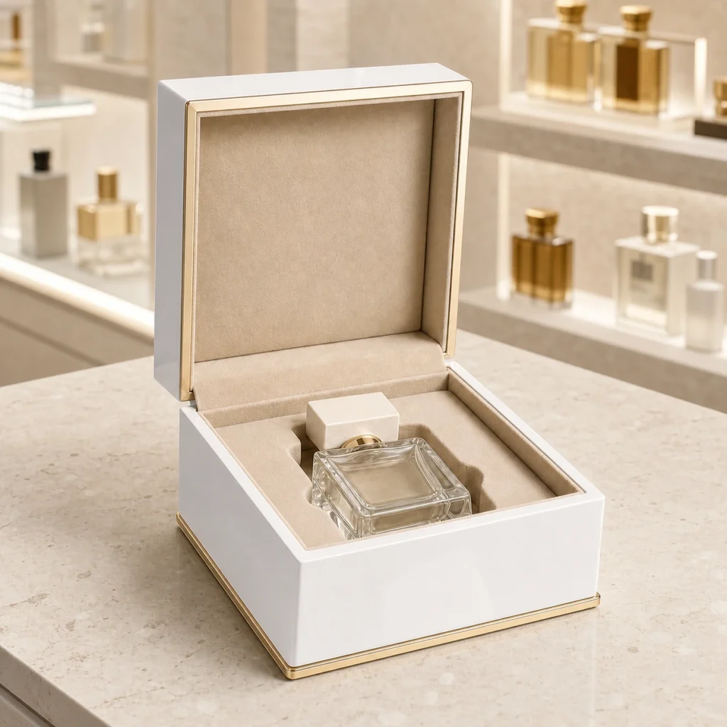 white piano lacquer wood box for perfume showroom application scene
