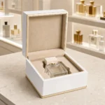 white piano lacquer wood box for perfume showroom application scene